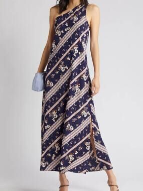 Chelsea28 One Shoulder Floral Maxi Dress Navy Blue Plus Size 3X Flowy Draped